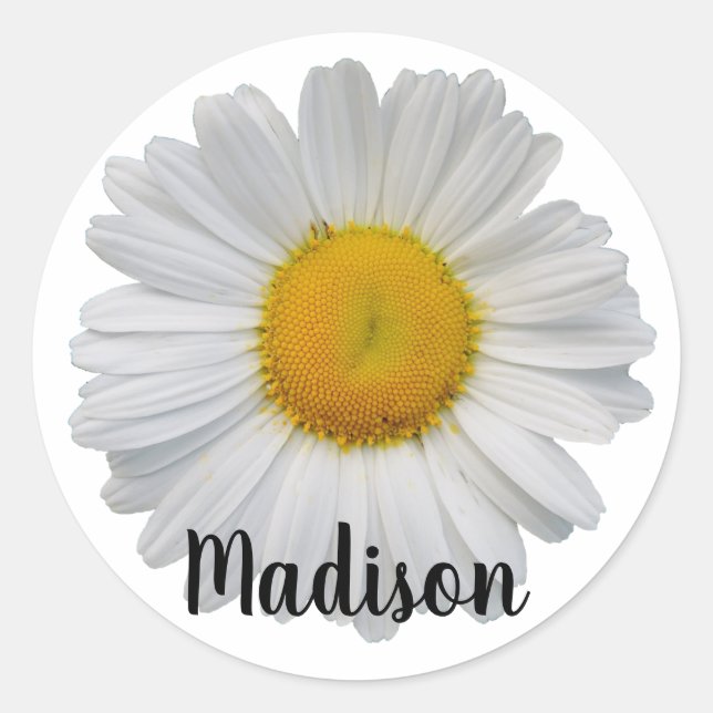 White Daisy Flower Personalized Name Classic Round Sticker (Front)