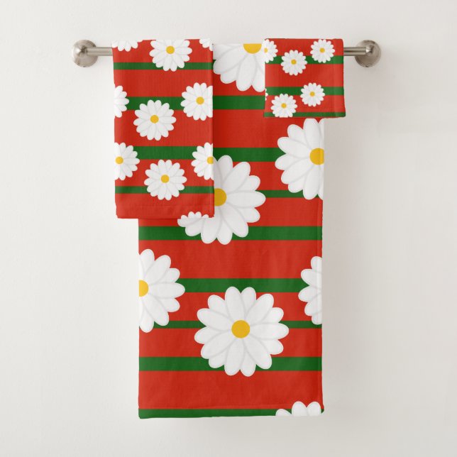 White Daisy Flower red Merry Christmas Holiday  Bath Towel Set (Insitu)