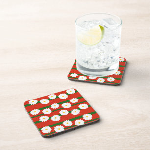 White Daisy Flower red Merry Christmas Holiday Beverage Coaster