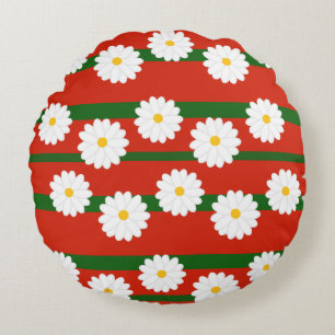 White Daisy Flower red Merry Christmas Holiday Round Pillow