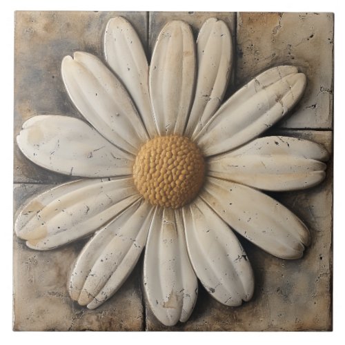 White Daisy Flower Stone Effect Ceramic Tile