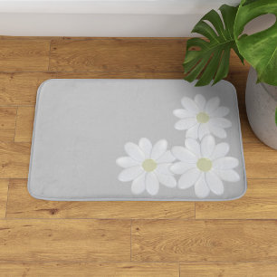 White Daisy Flower Trio Silver Gray Bath Mat