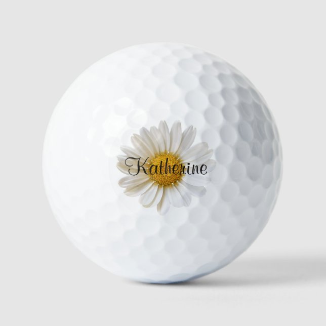 White Daisy Flower with Custom Name Golf Balls (Front)