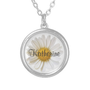 White Daisy Flower with Custom Name White Silver Plated Necklace