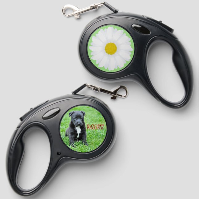 White Daisy Flower with Photo and Name Dog  Retractable Pet Leash (Front & Back)