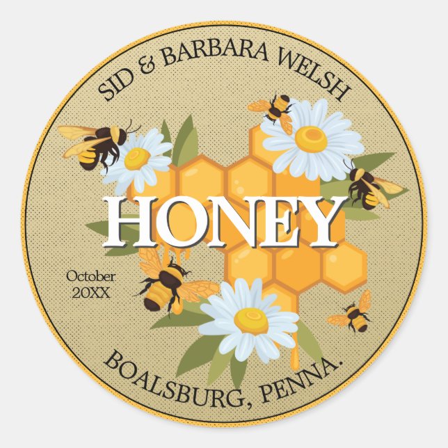 White Daisy Flowers and Honey Bees Classic Round Sticker (Front)