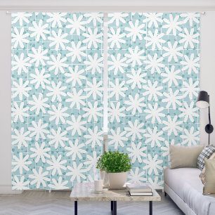 White Daisy Flowers Blue Tiles Modern Blackout Curtains