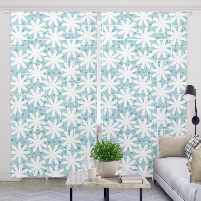 White Daisy Flowers Blue Tiles Modern Blackout Curtains (Living Room)