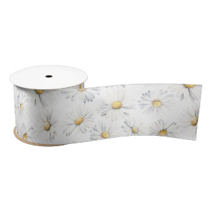 White Daisy Flowers Boho Editable Color Background Satin Ribbon