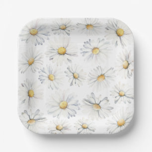 White Daisy Flowers Boho Elegant Cute Watercolor Paper Plates