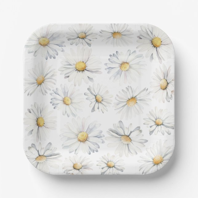 White Daisy Flowers Boho Elegant Cute Watercolor Paper Plates (Front)