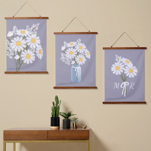 White Daisy Flowers Bouquet Lavender Set of 3 Hanging Tapestry