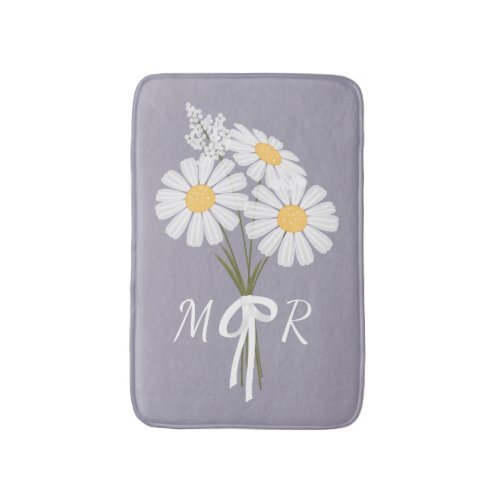 White Daisy Flowers Bouquet Monogram on Lavender Bath Mat