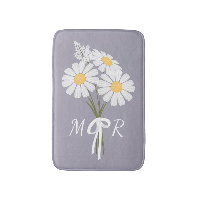 White Daisy Flowers Bouquet Monogram on Lavender Bath Mat (Front Vertical)