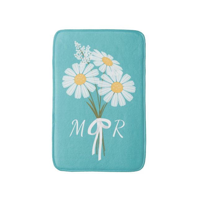 White Daisy Flowers Bouquet Monogram on Teal Bathroom Mat (Front Vertical)