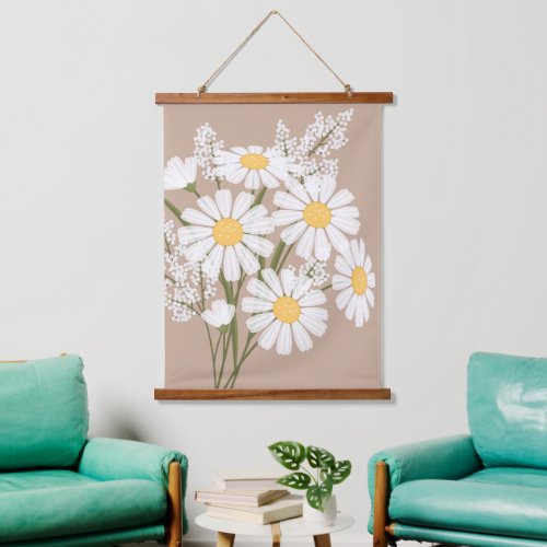 White Daisy Flowers Bouquet on Beige Hanging Tapestry