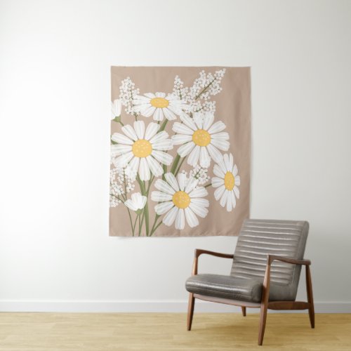 White Daisy Flowers Bouquet on Beige Tapestry