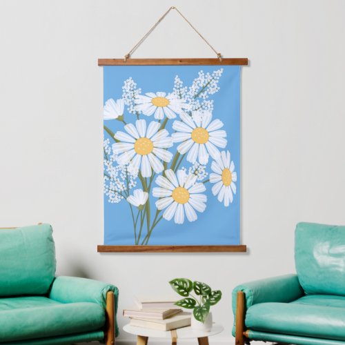 White Daisy Flowers Bouquet on Blue Hanging Tapestry