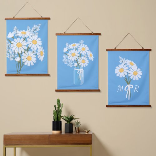 White Daisy Flowers Bouquet on Blue Set of 3 Hanging Tapestry