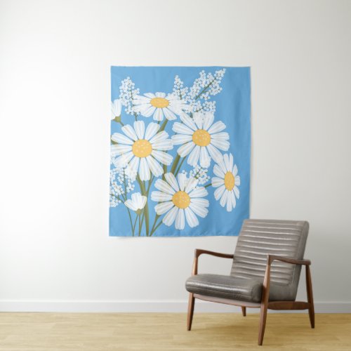 White Daisy Flowers Bouquet on Blue Tapestry