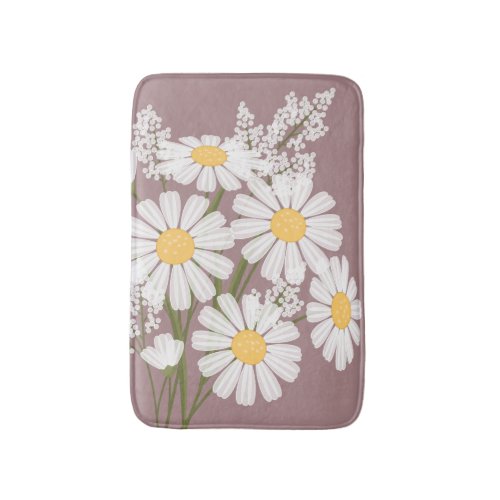 White Daisy Flowers Bouquet on Dark Pink Bathroom Mat