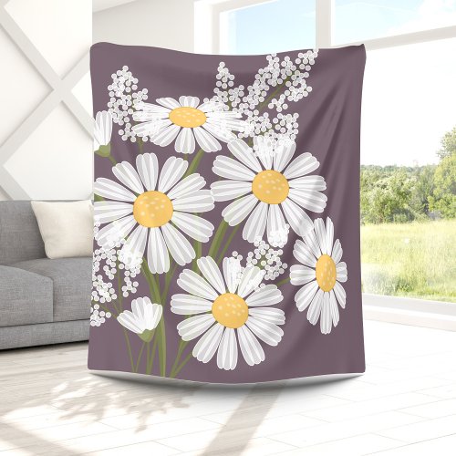 White Daisy Flowers Bouquet on Dark Purple Fleece Blanket