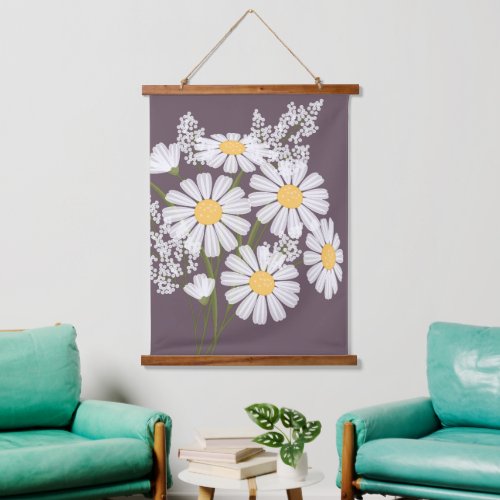 White Daisy Flowers Bouquet on Dark Purple Hanging Tapestry