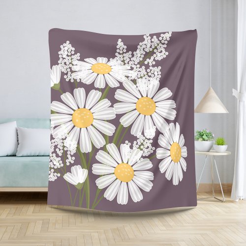 White Daisy Flowers Bouquet on Dark Purple Sherpa Blanket