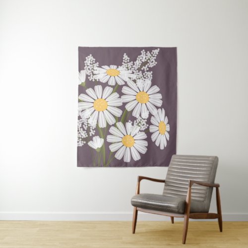 White Daisy Flowers Bouquet on Dark Purple Tapestry