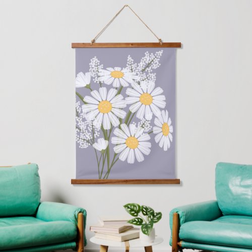 White Daisy Flowers Bouquet on Lavender Hanging Tapestry