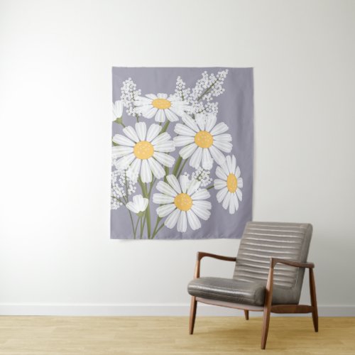 White Daisy Flowers Bouquet on Lavender Tapestry
