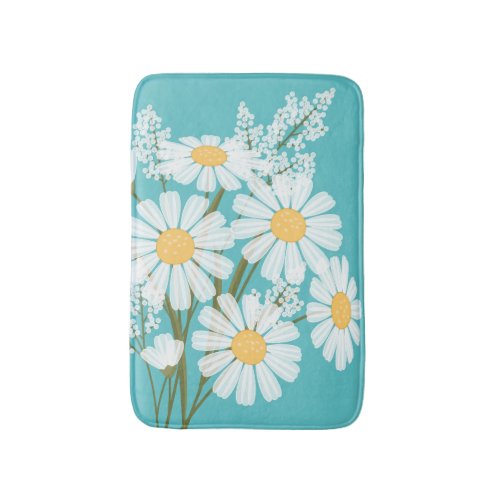 White Daisy Flowers Bouquet on Teal Bathroom Mat