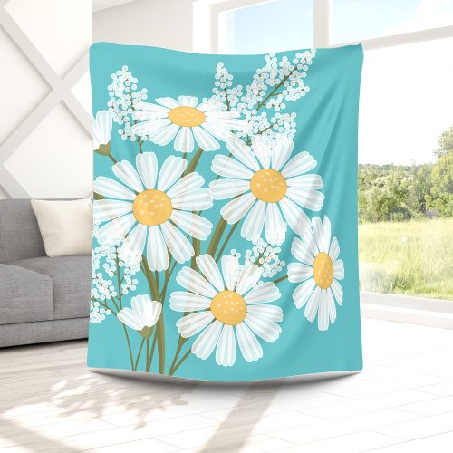 White Daisy Flowers Bouquet on Teal Fleece Blanket