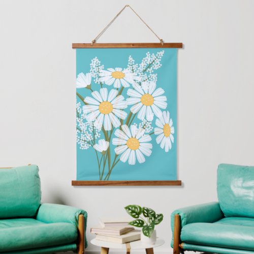 White Daisy Flowers Bouquet on Teal Hanging Tapestry