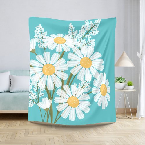 White Daisy Flowers Bouquet on Teal Sherpa Blanket