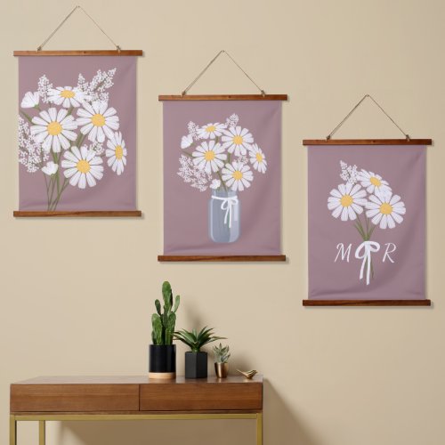 White Daisy Flowers Bouquet Rosy Brown Set of 3 Hanging Tapestry