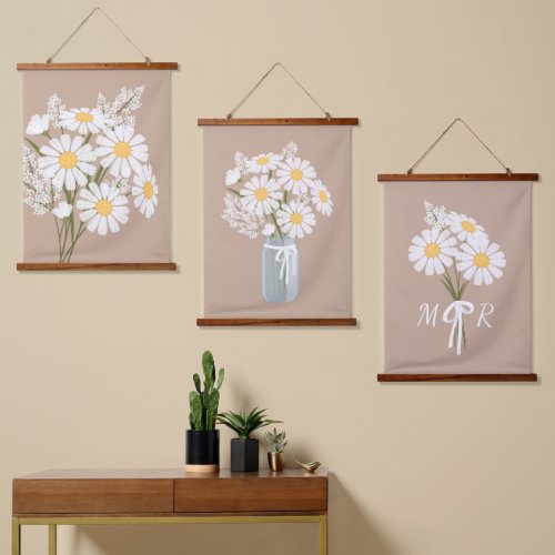 White Daisy Flowers Bouquet Rustic Beige Set of 3  Hanging Tapestry
