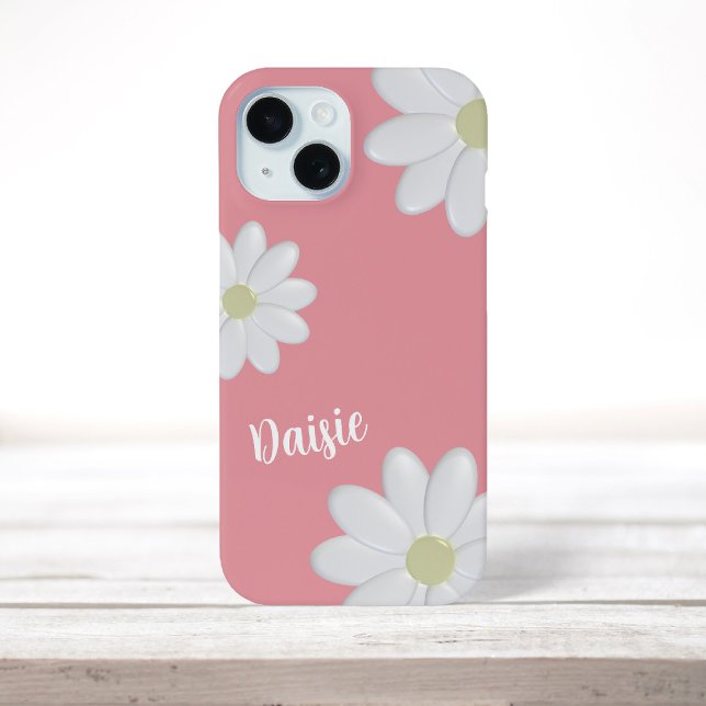White Daisy Flowers Cute Salmon Pink Girly Floral Case-Mate iPhone Case (A cute pink and white daisy phone case with space for your name)