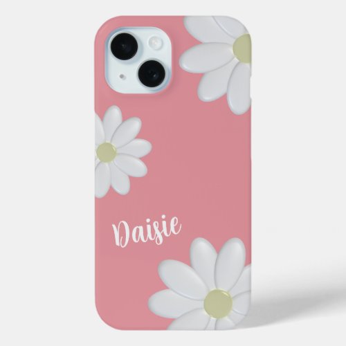 White Daisy Flowers Cute Strawberry Pink Girly  iPhone 15 Case