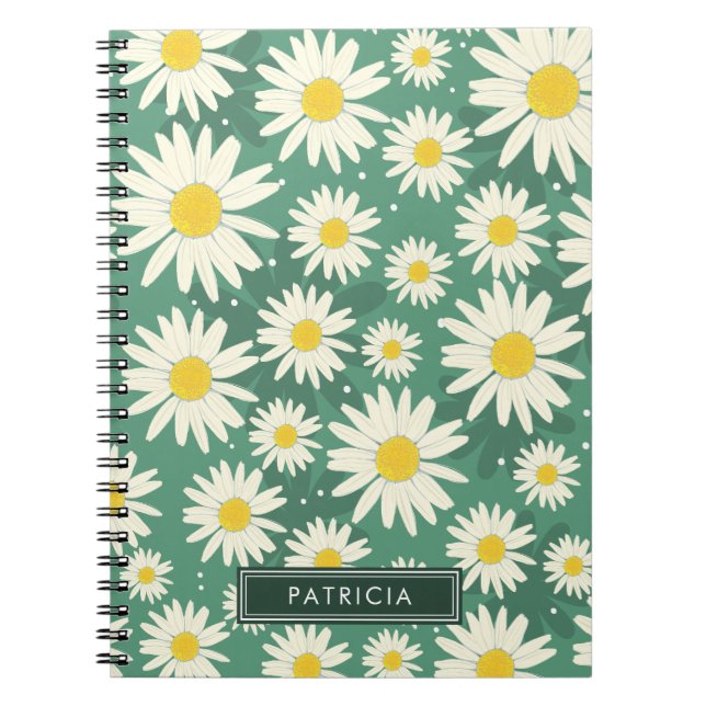 White Daisy Flowers Design Green Personalized Notebook (Front)