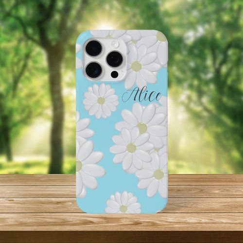 White Daisy Flowers Modern Floral Sky Blue iPhone 15 Pro Max Case