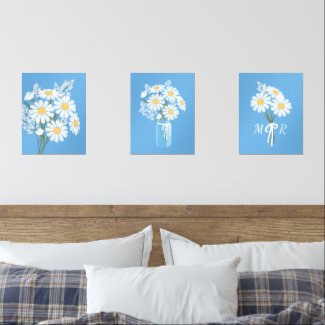 White Daisy Flowers Monogram Blue Set of 3