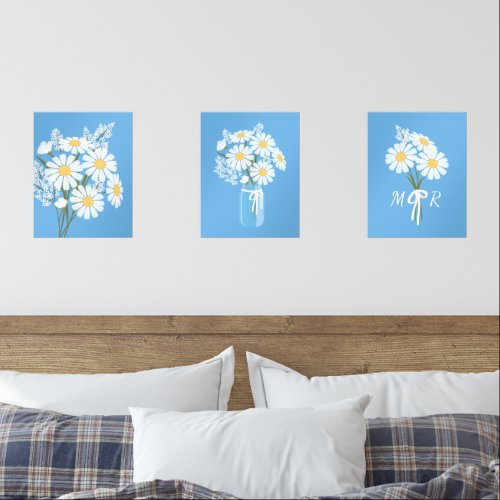 White Daisy Flowers Monogram Blue Set of 3