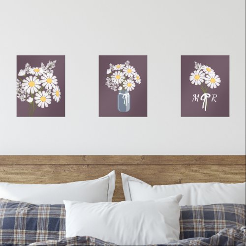 White Daisy Flowers Monogram Dark Purple Set of 3