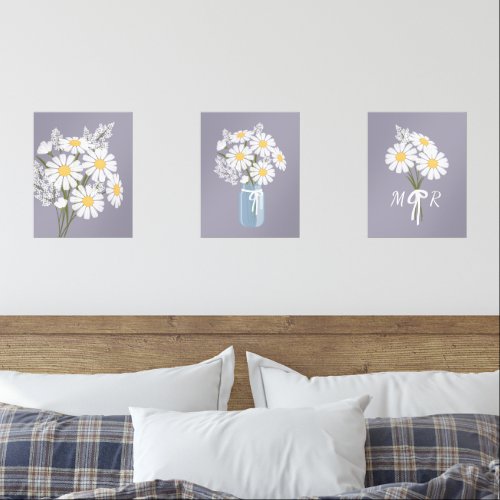 White Daisy Flowers Monogram Lavender Set of 3