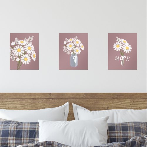 White Daisy Flowers Monogram Rosy Brown Set of 3