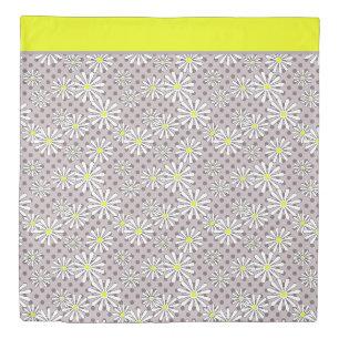 White daisy flowers on a beige brown polka dot duvet cover