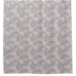 White daisy flowers on a beige brown polka dot shower curtain