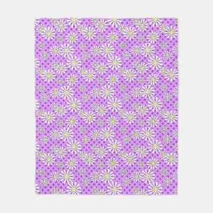 White daisy flowers on a polka dot background fleece blanket