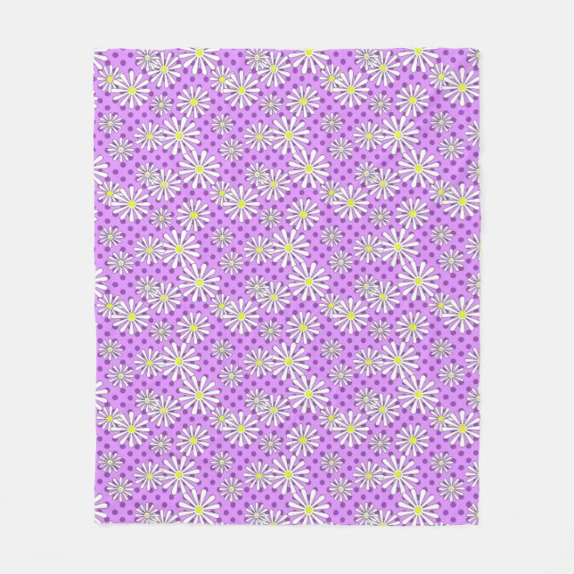 White daisy flowers on a polka dot background  fleece blanket (Front)